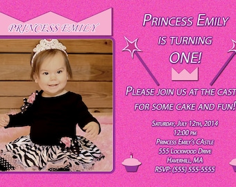 Invitation au 1er anniversaire de princesse personnalisée avec photo avec carte de remerciement assortie incluse !