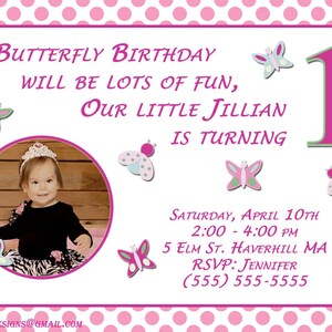 Pretty in Pink Flowers & Butterfly Designs 1st Birthday Invitations OR Thank You Card Personalized with Photo!