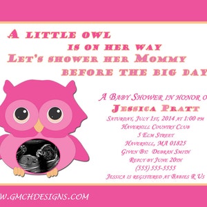 Owl Girl Baby Shower Printable Invitation Personalized With Ultrasound ...