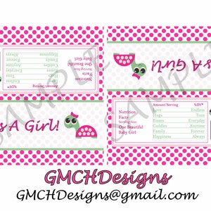 May include: Pink and green baby shower favor labels with a turtle design and the text "It's a Girl!" and "Nutrition Facts: One Beautiful Baby Girl". The labels also include a list of "Nutrition Facts" with humorous descriptions like "Love: Endless" and "Hugs: Tons".