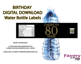 80th Birthday Printable Water Bottle Labels for DIY Printing Digital Download