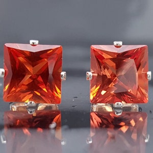 Orange Sapphire Princess Cut Stud Earrings