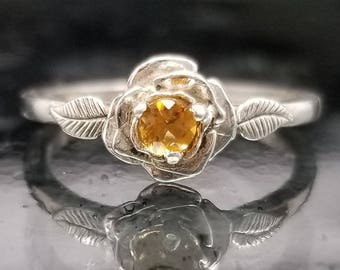 Citrine Rose Flower Silver Ring - Made to Order