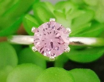 Pink CZ 6-Prong Silver Solitaire Engagement Ring