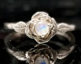 Moonstone Blue Flash Rose Petal Flower Ring