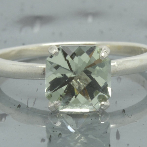 925 Green Amethyst Ring/Size 7/February Birthstone/Custom USA Cut/Promise/Sterling Silver/Cushion Gemstone/Wedding Ring/Prasiolite Ring/R56