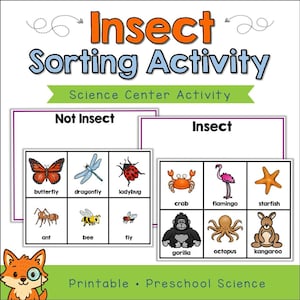 May include: A colorful educational printable titled "Insect Sorting Activity" with illustrations of insects and non-insects. The activity includes images of a butterfly, dragonfly, ladybug, ant, bee, and fly, along with a crab, flamingo, starfish, gorilla, octopus, and kangaroo.