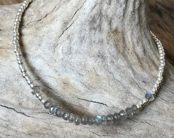 Faceted Labradorite Rondelle and Silver Glass Beaded Bracelet