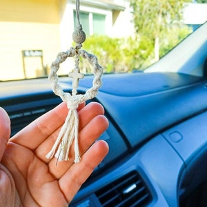 Macrame Car Cross Charm | Christian Lava Bead Diffuser | Rearview Mirror Faith Gift