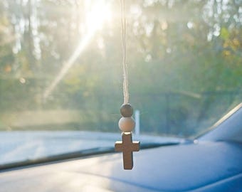 Wood car cross, Rearview mirror cross, Small cross car charm, Christian rearview mirror hanging, Gift for car, New car cross, New driver