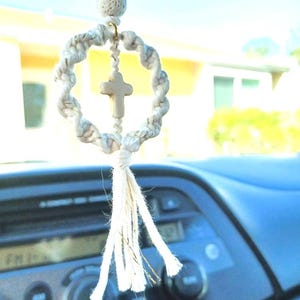 Macrame Car Cross: Lava Bead Diffuser, Christian Rearview Mirror Charm