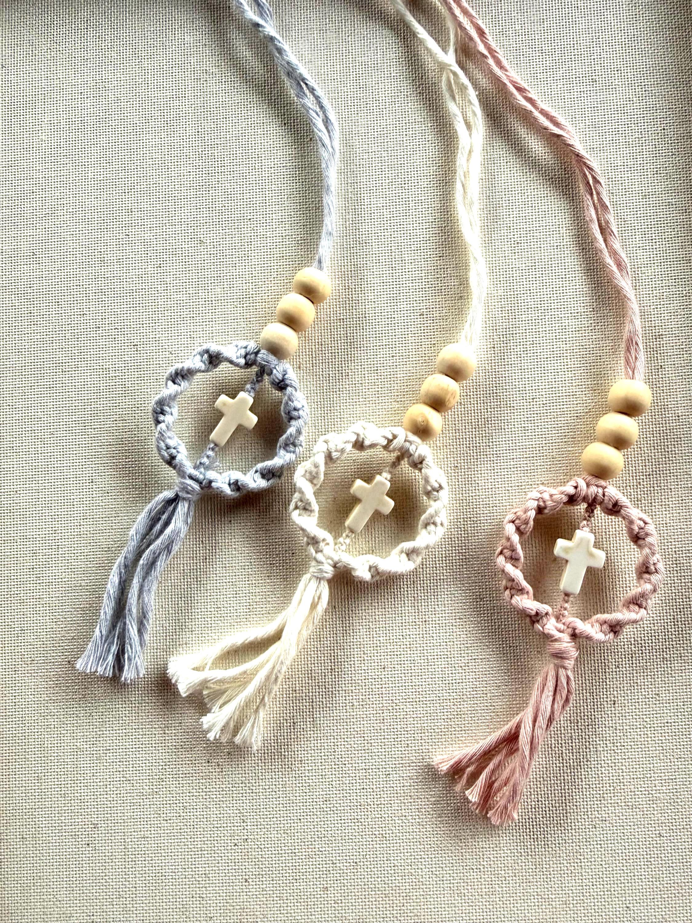 Macrame Car Cross Charm | Pink Gray White Christian Rearview Mirror ...