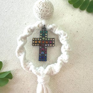 Colorful Rhinestone Cross Car Charm | Christian Rearview Mirror Charm | Sparkly Faith Gift | Macrame Car Accessory