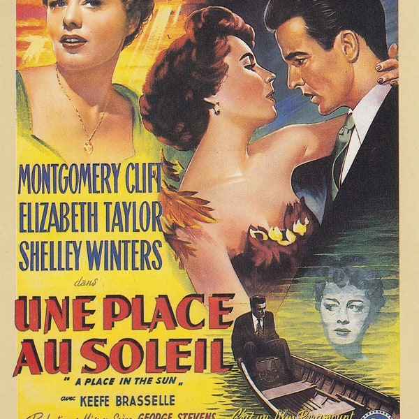 French Film Poster Postcard of the 1951 Film "A Place in the Sun" (Une Place au Soleil) . Starring, Montgomery Clift & Elizabeth Taylor.