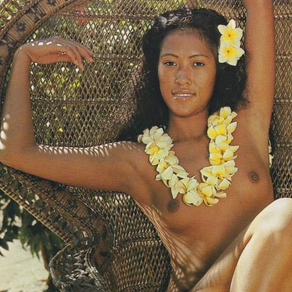 Reprinted Old Postcard Photograph of Seated Nude Polynesian Girl (Tahiti).  An Ethnic Photo Circa 1970s