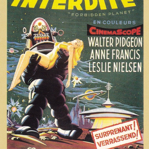 French Cinema Poster Postcard Of The 1956 Film The Forbidden Planet. Starring Walter Pigeon and Anne Francis