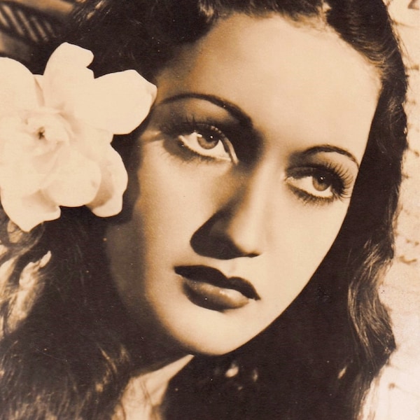 Reproduced Sepia Tinted Publicity Photograph of American Born 1940s Film Beauty Dorothy Lamour. (Sultry Portrait). Postcard Size 6 x 4 .