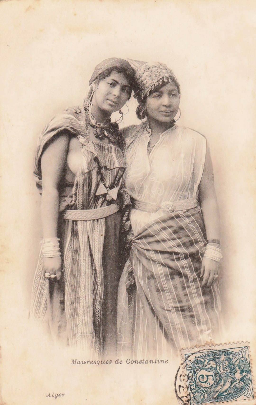 Reprinted Old Postcard Photograph of Two Young Algerian mauresque Women