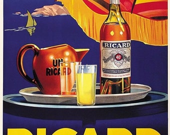 Impression couleur reproduite de l'ancienne affiche publicitaire française pour Ricard (Apéritif Anis). Format A4