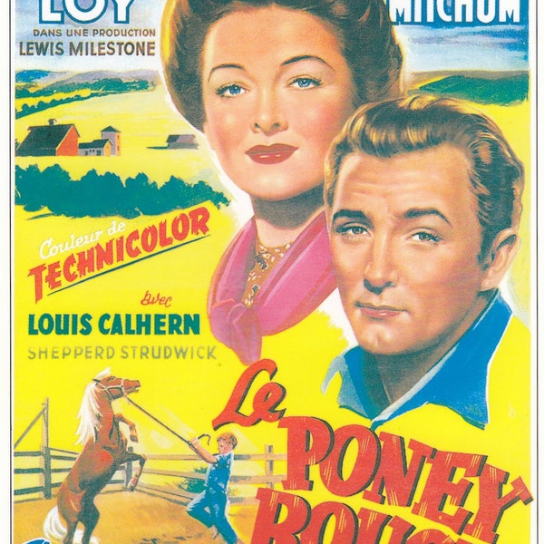 Classic French Cinema Poster Postcard Of The 1949 Film "The Red Pony". (Le Poney Rouge). Starring Myrna Loy & Robert Mitchum