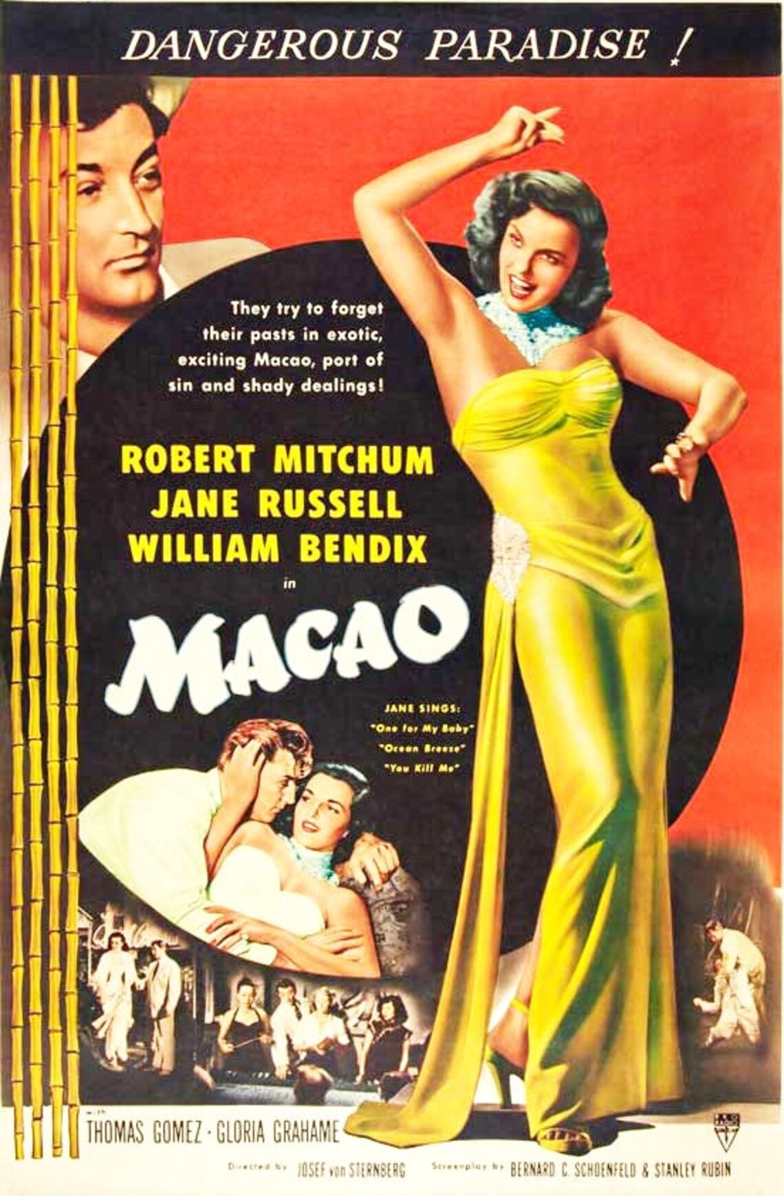 Copy of 1952 Film Poster Macao. Starring Robert Mitchim, Jane Russell and William Bendix. An A4 Size Poster image 1