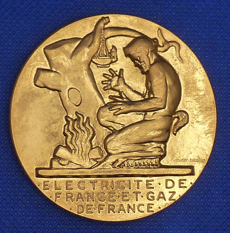 Awarded For 35 Years Long Service. Large Bronze French Art Medal by Medalist H.Dropsy. Naked Male With Fire