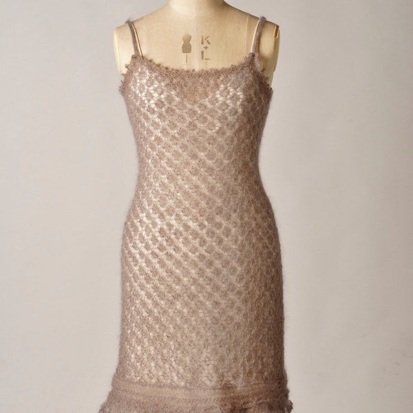 Knitting Pattern for - 'Butterfly', a pretty, lace-knit, beaded strappy dress, knitted in fine mohair
