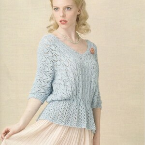 May include: A light blue knitted sweater with a delicate lace pattern and a v-neck. The sweater has a fitted bodice and a slightly flared hem.