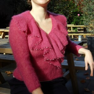 Knitting pattern PDF for &#39;&#39;Polly&#39;- glamorous handknitted fitted women&#39;s top with waterfall beaded collar around deep V neckline