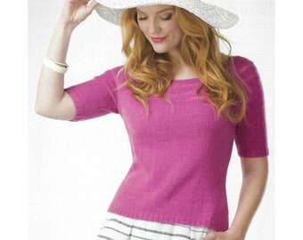 Knitting pattern for - Mandelieu, a pretty short-sleeved top knitted in a light-fingering cashmere yarn, with an openwork,  beaded yoke