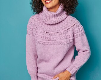 Knitting Pattern for - Little Leaf Jumper, a top-down, seamless women's jumper with a textured yoke and high roll collar, knitted in DK wool