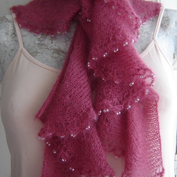 Knitting Pattern for -Beaded Frill Scarf, a glamorous waterfall scarf knitted in fine mohair witha simple crochet beaded edging