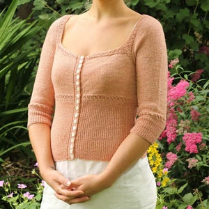 Knitting Pattern PDF for - Persuasion, a vintage-inspired fitted cardigan, with a square-neck, raglan sleeves and a deep rib