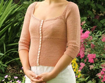 Knitting Pattern PDF for - Persuasion, a vintage-inspired fitted cardigan, with a square-neck, raglan sleeves and a deep rib