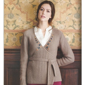 Knitting Pattern for - Cicely - a long wrapover jacket, with twisted rib and optional embroidery detail