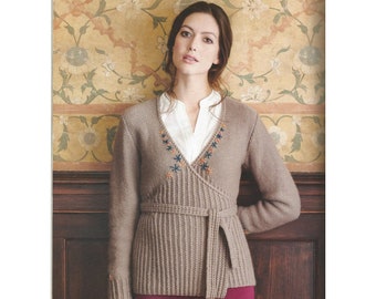Knitting Pattern for - Cicely - a long wrapover jacket, with twisted rib and optional embroidery detail