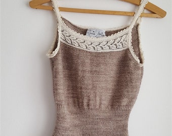 Knitting Pattern for - Lace-edged camisole, a simple wool camisole with a cotton lace edging