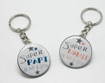 Lot de 2 Porte clés 37mm Personnalisés -Super Papi et Super Mamie - Bleu Canard et Corail