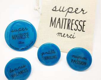 Magnets et Pochette à cordon assortie Super Maîtresse Bleu Canard à personnaliser