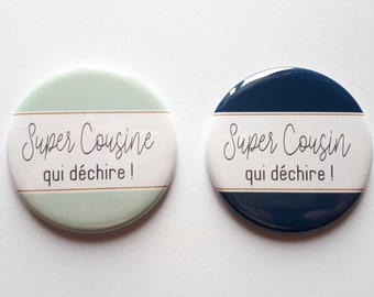 Lot de 2 Magnets 56mm Personnalisables - Super Cousin et Super Cousine qui déchirent Bleu Marine et Vert d'eau