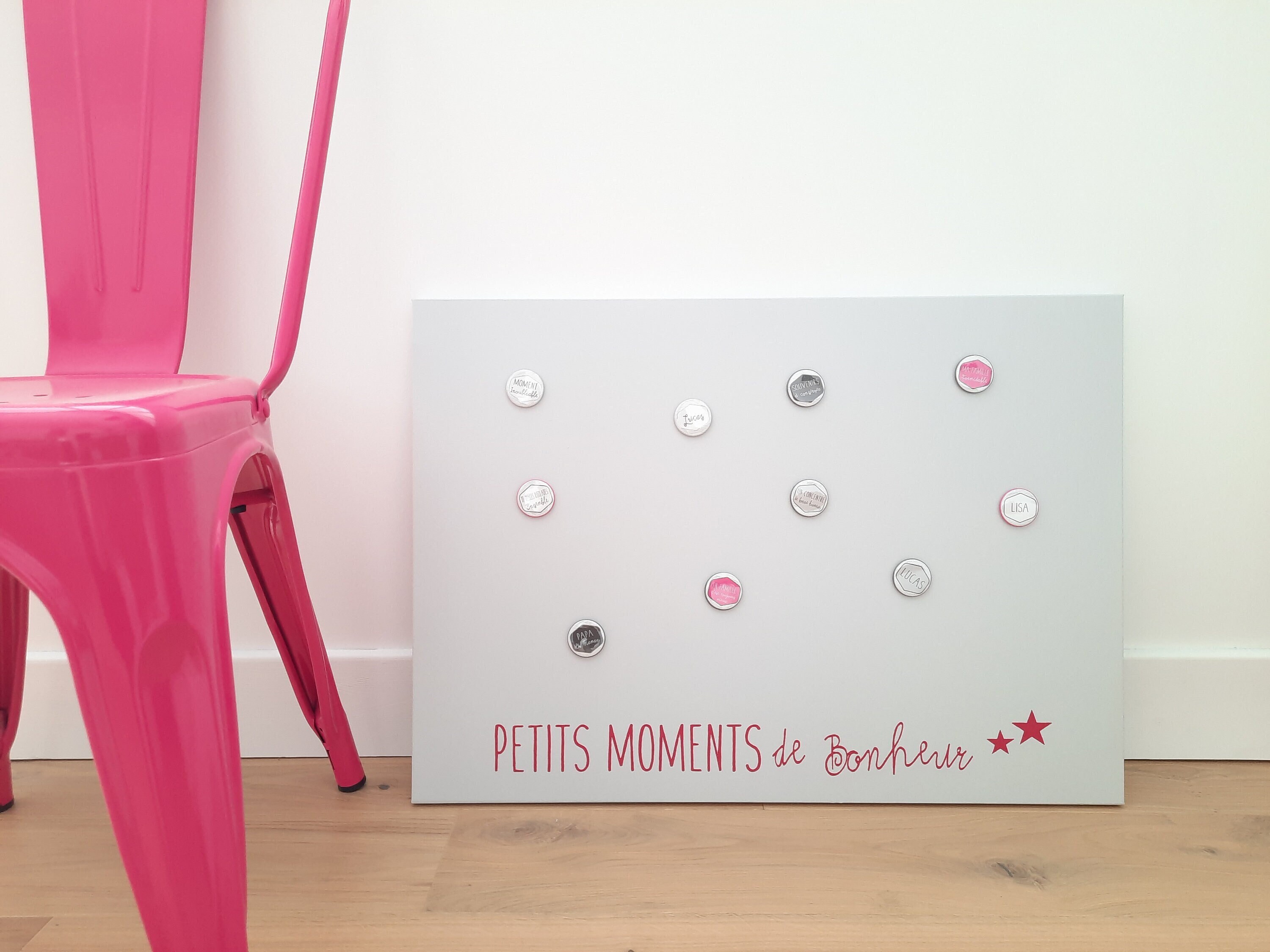 Pêle-Mêle Magnétique 70x50 Gris Clair et Rose Fuchsia - Petits Moments de Bonheur