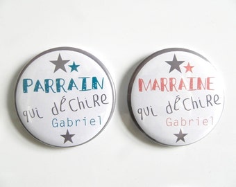 Lot de 2 Magnets 56mm Personnalisés - Spécial Parrain et Marraine qui déchirent - Corail et Bleu Canard