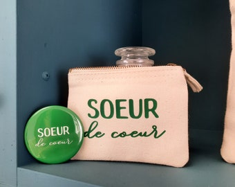 Pochette + Miroir de poche Personnalisés Sœur de cœur Vert Néon