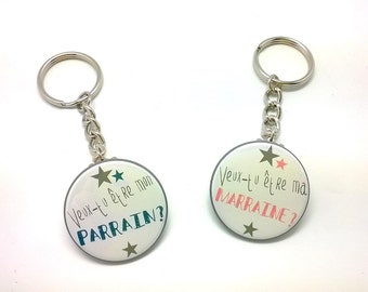 Set of 2 Customizable 37mm key rings - Do you want to be my godfather? Do you want to be my godmother? - Customizable Coral and Duck Blue
