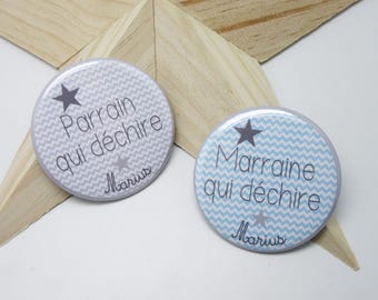 Lot de 2 Magnets 56 mm " Parrain, Marraine qui déchire "  - Personnalisables - Cadeau baptême communion -  à chevrons scandinaves