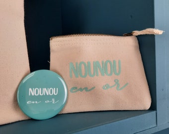 Pochette + Miroir de poche Personnalisés Nounou en or Bleu Azur