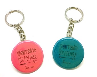 2 Porte clés 37mm Création Personnalisé sur mesure pour Parrain et Marraine qui déchirent  Rose Flashy et Bleu Canard