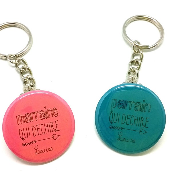 2 Porte clés 37mm Création Personnalisé sur mesure pour Parrain et Marraine qui déchirent  Rose Flashy et Bleu Canard