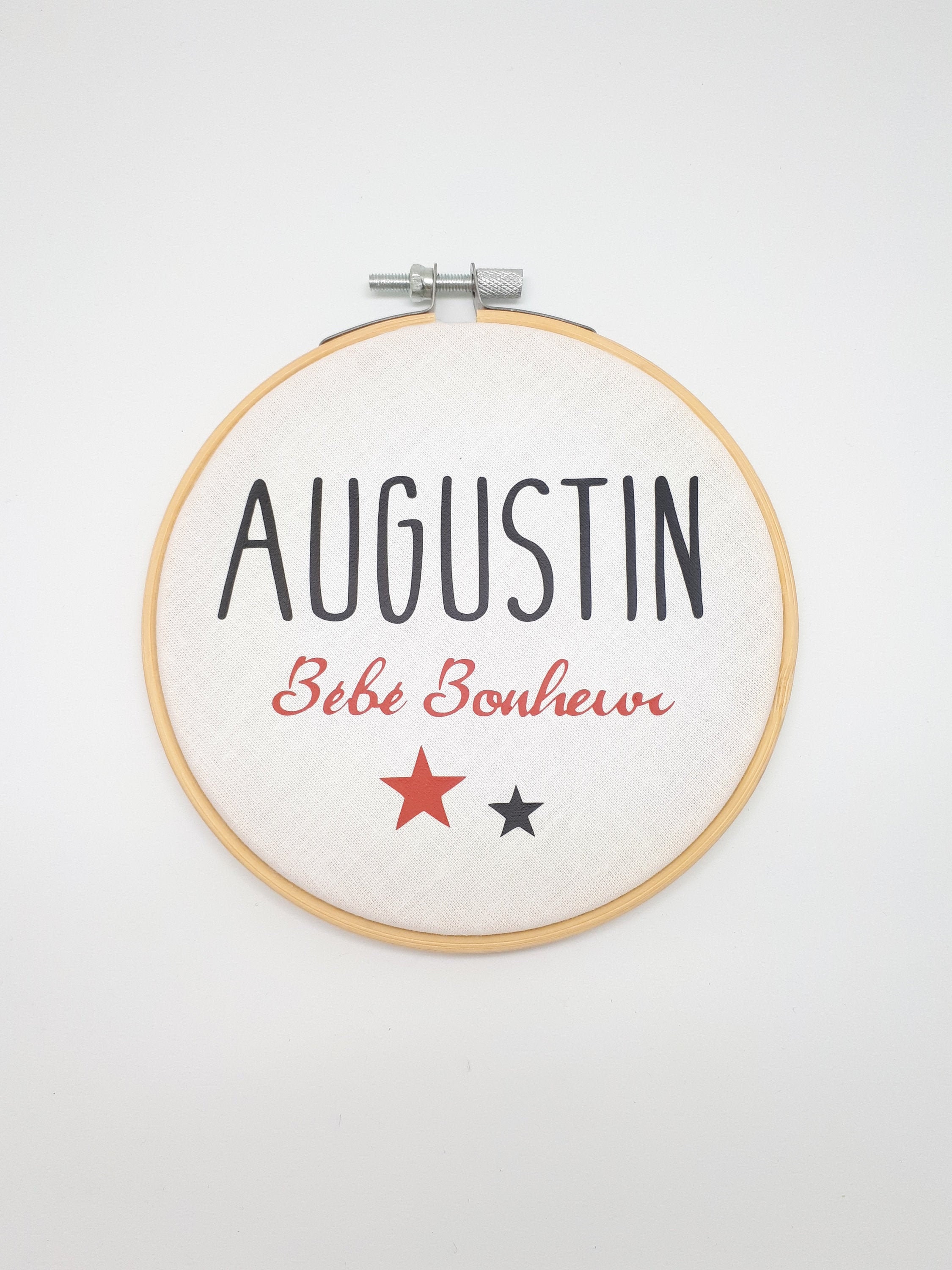 Cercle à Broder Personnalisé - Cadeau de Naissance 13cm Gris et Rouge