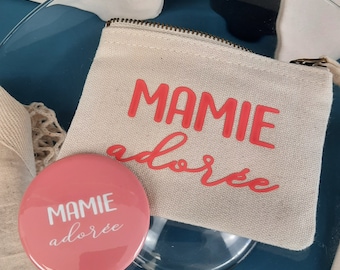 Pochette + Miroir de poche Personnalisés Mamie adorée Corail